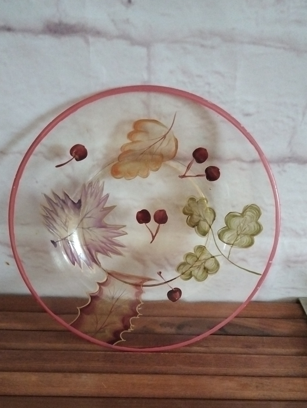 Decorative Glass Plate with Pink Rim and Autumn Leaf Motif